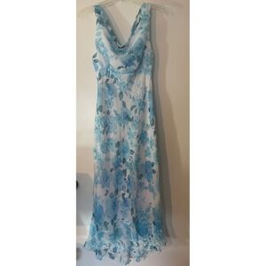 B Darlin Maxi Dress Y2K Size 7/8 Blue and White Floral Cowl Neck Tie Back